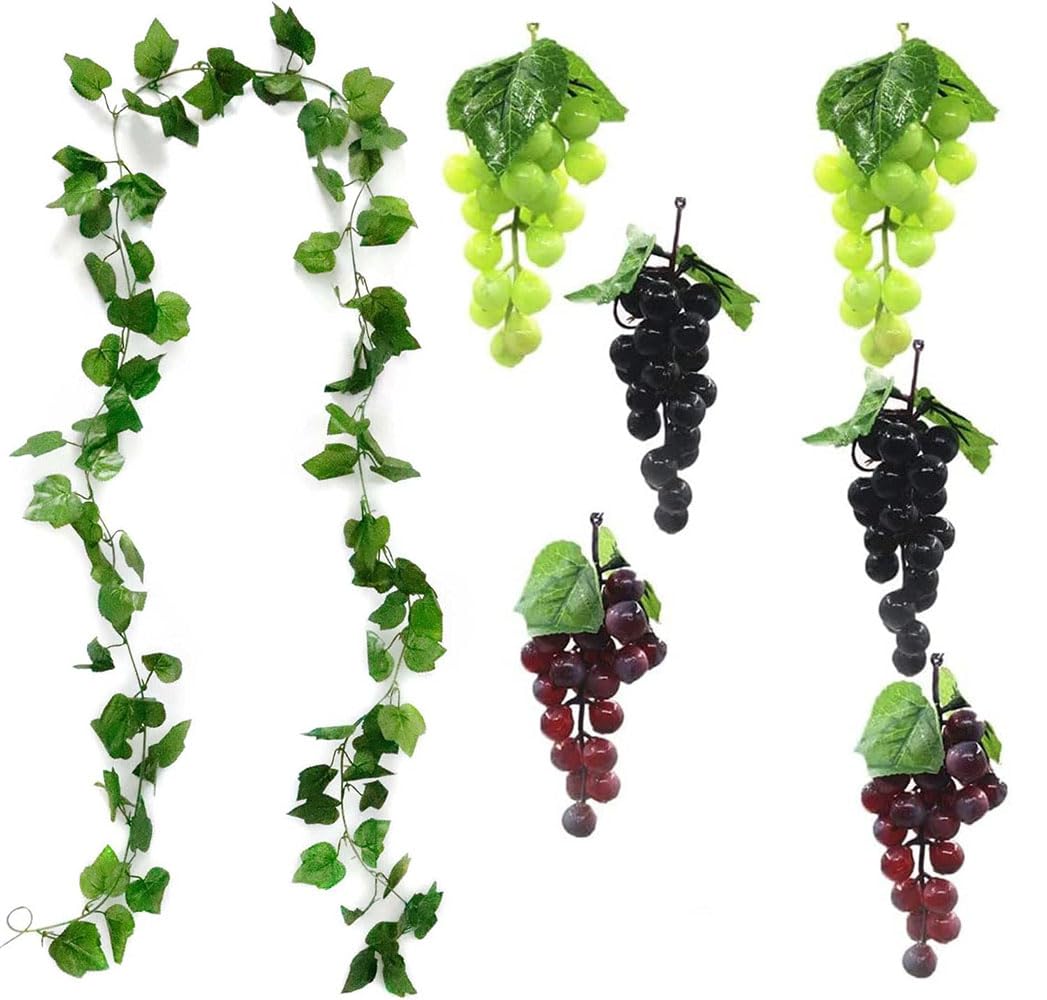 LATRAT Pack of 7 Plastic Grapes, Lifelike Artificial Fruit Decoration, 14cm, Black, Green, Purple, Realistic/ Natural, Artificial Fruit, Grape