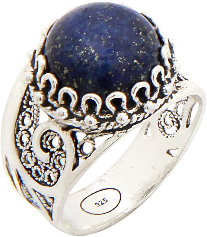 925 Sterling Silver Blue Lapis Lazuli Round Filigree Paisley Ring (Size 6 - 10)