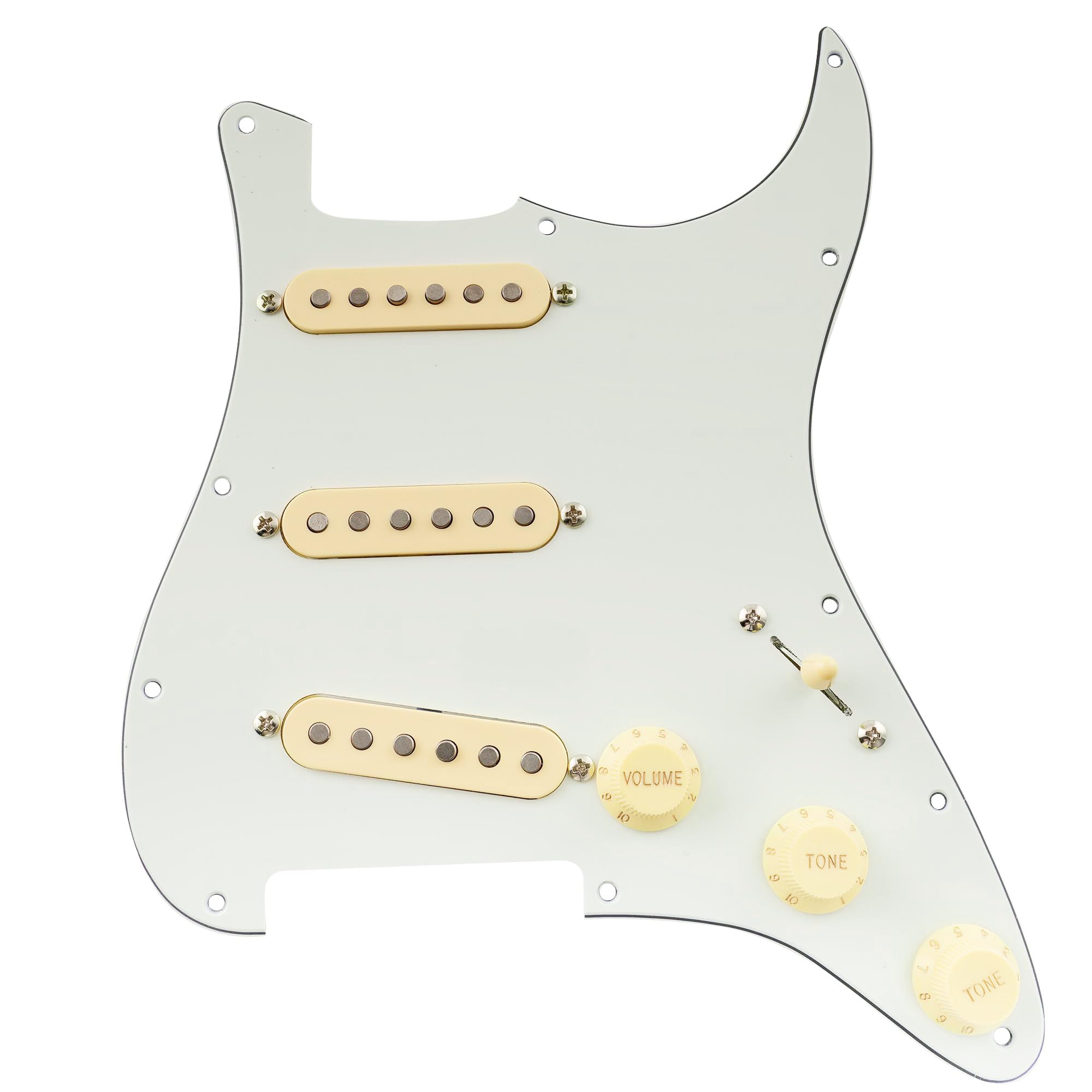 Musiclily Pro Pre-wired Standard SSS Pickguard with Artec Pickups Staggered Alnico 5 Magnet Single Coil Pickups for ST Style Electric Guitar, 3ply Aged White