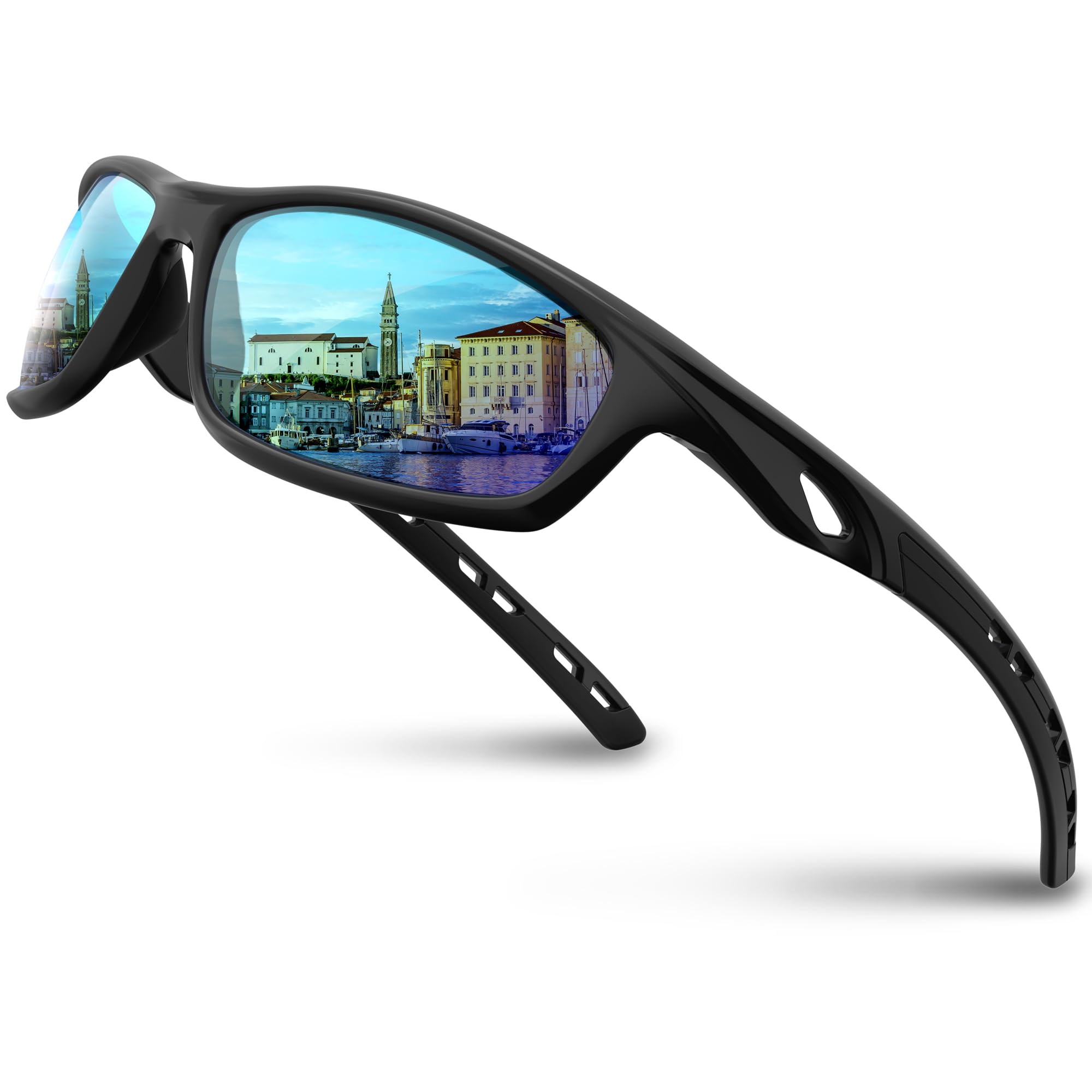 Photo 1 of RIVBOS Mens Sunglasses Polarized UV Protection TR90 Unbreakable Frame Sports Driving Fishing Cycling RB833-Black Ice Blue Lens