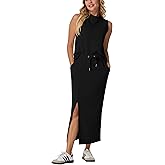 GRECERELLE 2026 Women Summer Casual 2 Piece Sets Mock-Neck Wrinkle-Free Top & Elastic Waist Midi Side Slit Skirt with Pockets