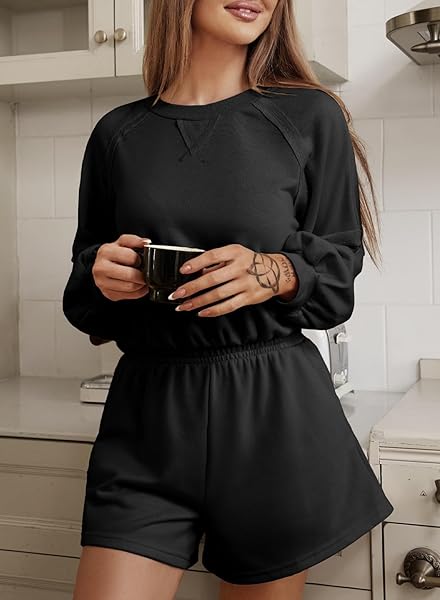 ALEUMDR WOMEN’S TWO PIECE OUTFITS LOUNGE SETS SWEATSHIRT LOUNGEWEAR SHORTS PAJAMAS SET 2023 FALL MATCHING SWEAT SET BLACK MEDIUM