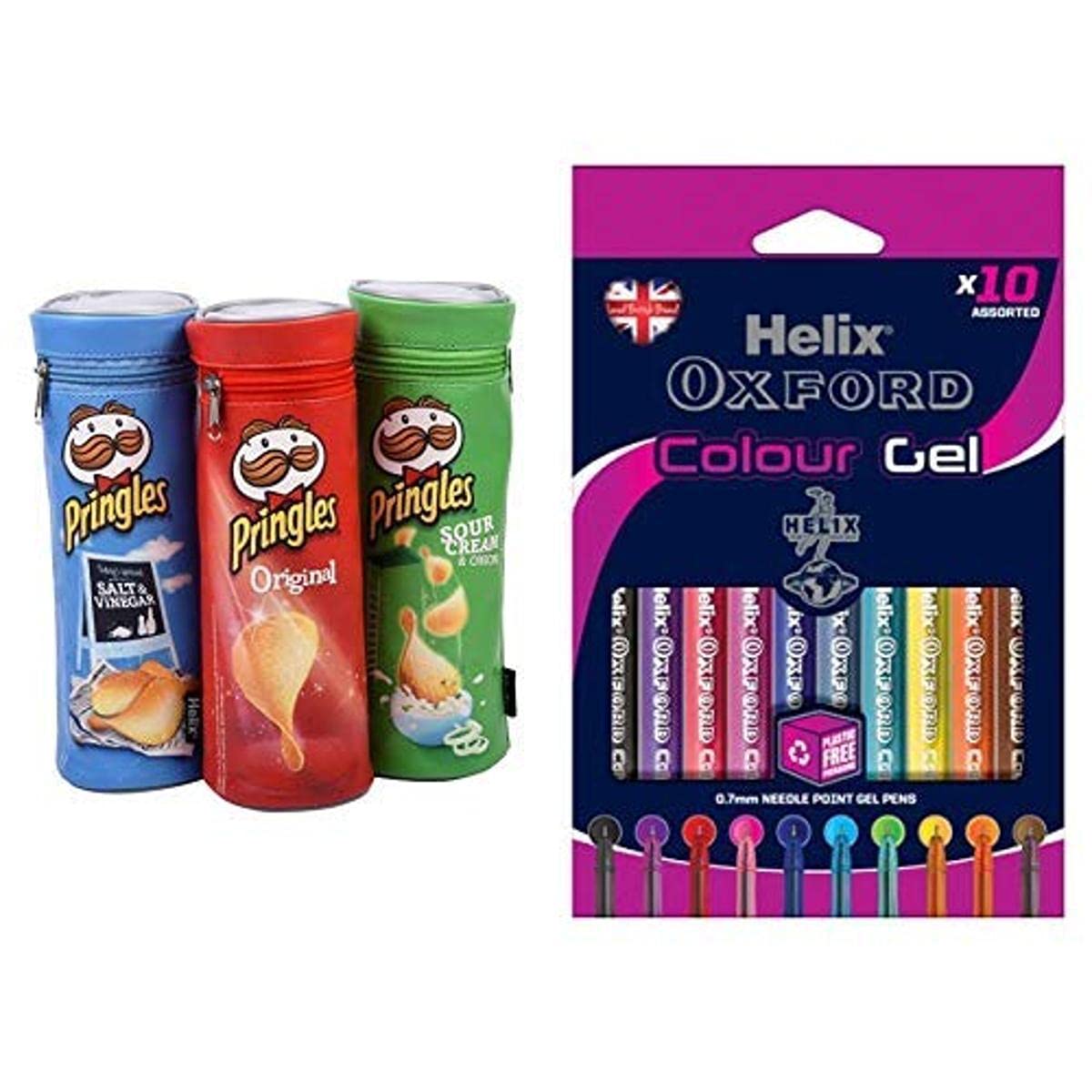 Helix Pringles Pencil Case & Helix Oxford Colour Gel Pens (10 Pack of Assorted Colours)