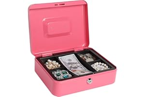 Kasten Cash Box With Money Tray and Key Lock, Money Organizer for Cash, 9.84"x 7.87"x 3.54", Medium Pink