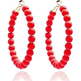 Beaded Hoop Earrings Bohemian Elegant Colorful Large Round Circle Chic Geometric Matte Acrylic Beads Minimalist Dangle Drop Earrings for Women Birthday Wedding Christmas Party Trendy Jewelry Gifts