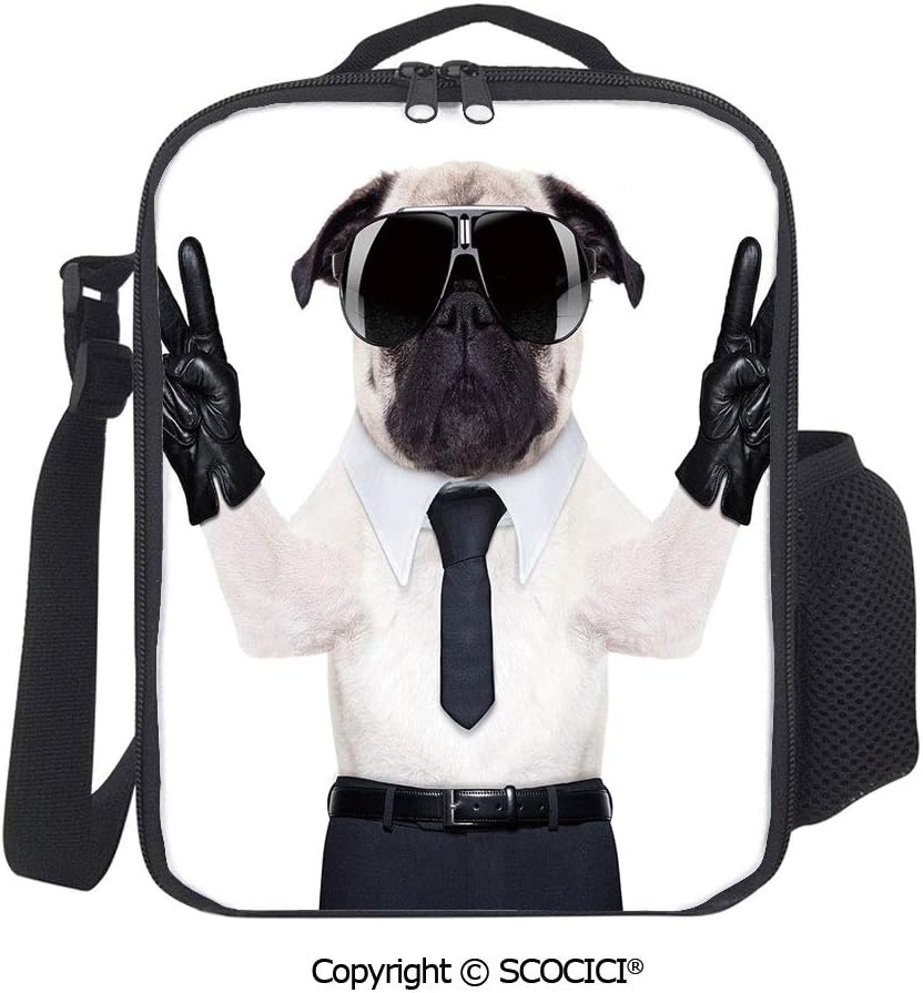 UHOO Fancy Looking Pug Victory Sign with Both Paws Wearing Cool Black Sunglasses Animal Fun Printed Premium Insulated Lunch Box School Lunch Bag for Kids, Boys, Girls
