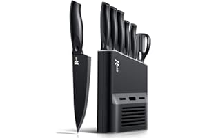 Randalfy Kitchen Knife Set with Block, 7 Pieces Chef Knife Set with Knives, Scissor, Block for Meat/Vegetables/Fruits Choppin