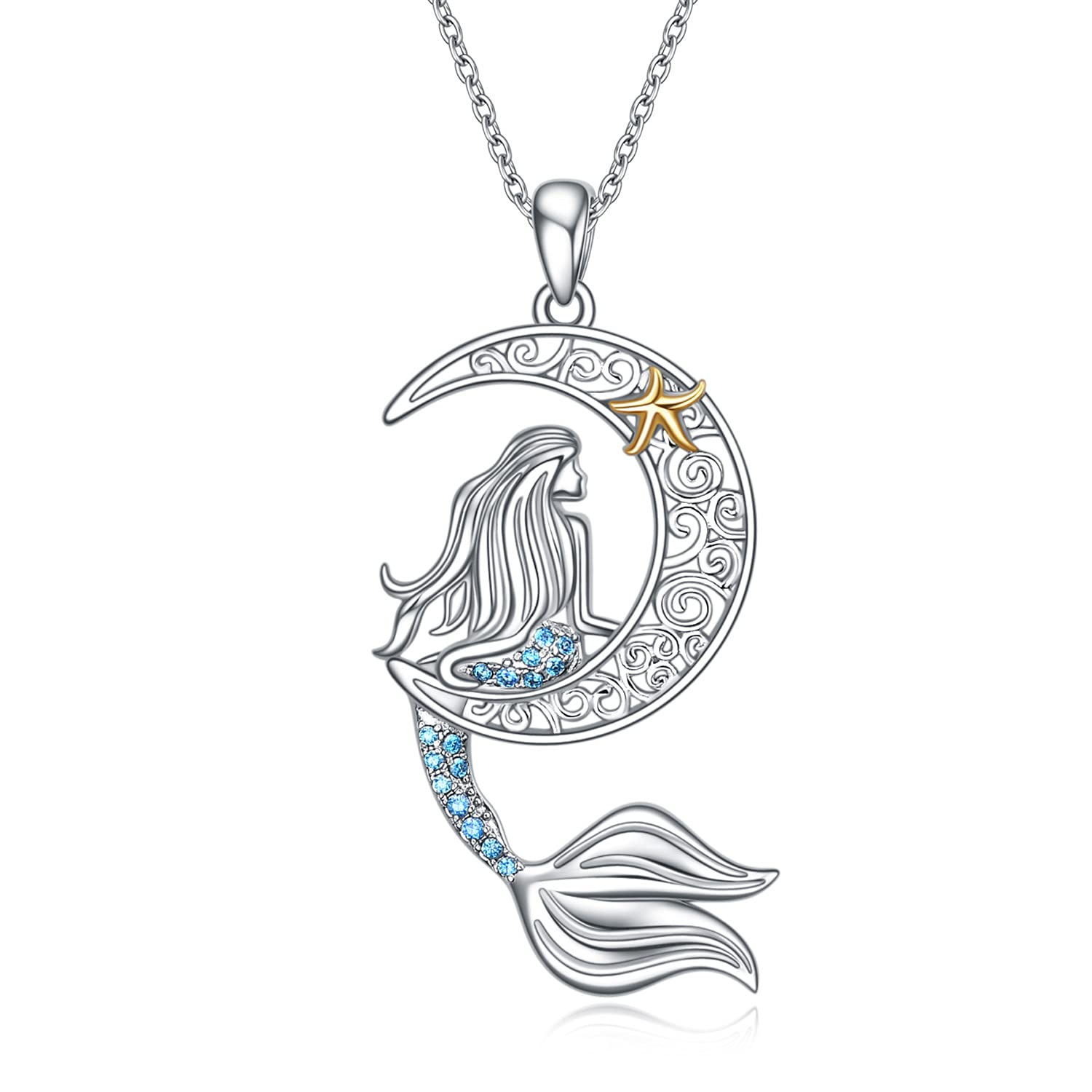 YAFEINI Mermaid Necklace for Women 925 Sterling Silver Mermaid Pendant Necklace with Blue Crystal Moon Mermaid Jewellery Gifts for Girls