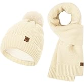 Ngdhkd Women’s Beanie Hat Scarf Set Fleece Lined Pom Pom Hat Long Scarf for Women Winter Wear