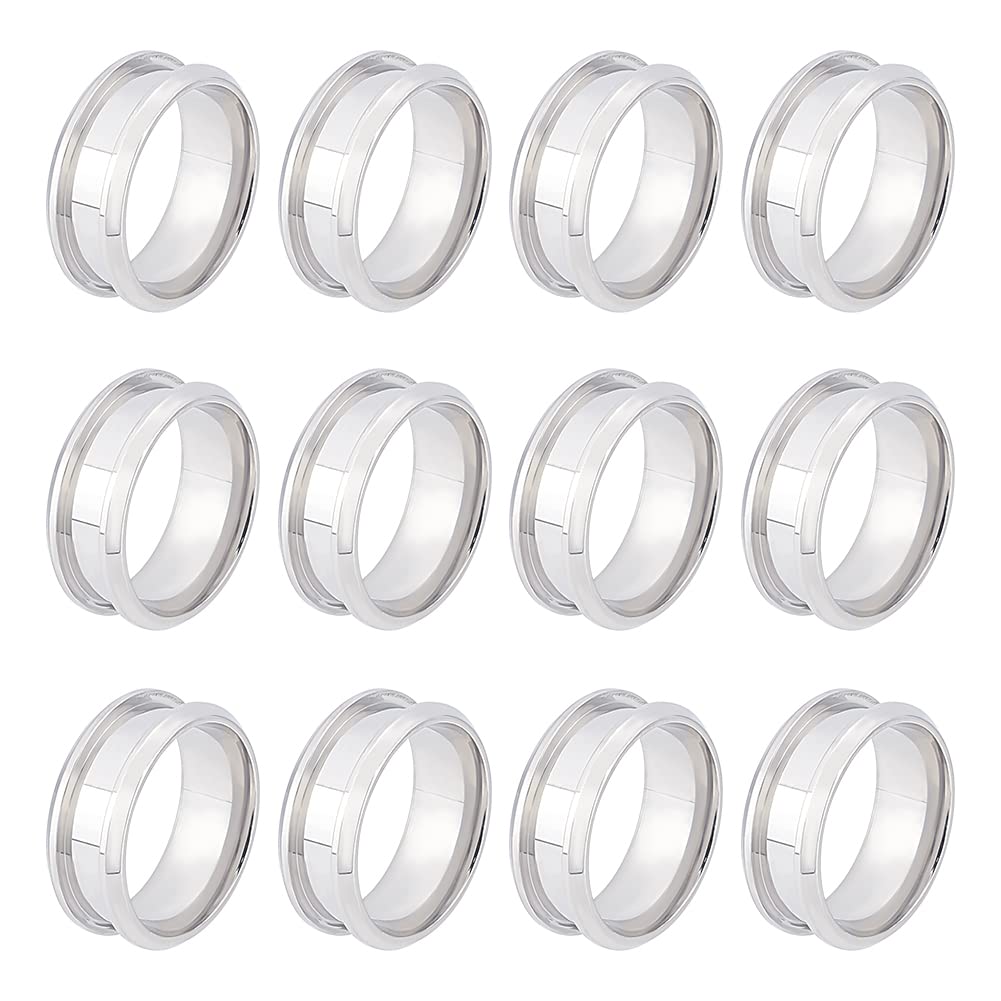 UNICRAFTALE About 12Pcs Size 7 Stainless Steel Grooved Finger Ring with Velvet Pouches Blank Core Ring Hypoallergenic Metal Ring for Inlay Ring Jewelry Making