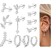ORAZIO 16 Gauge Cartilage Earrings for Women Flat Back Hypoallergenic Surgical Steel Small Flatback Stud Hoop Cartilage Earring Stack Set Daith Conch Tragus Helix Piercing Jewelry Single PC