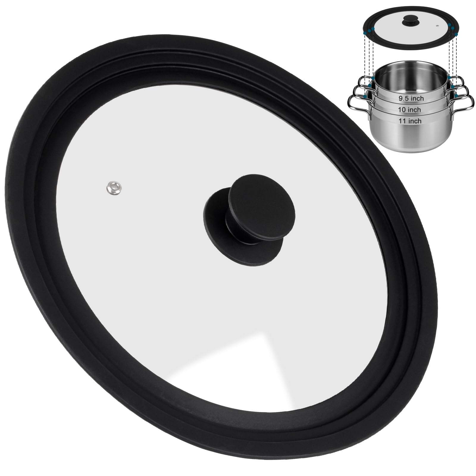 Universal Silicone Lid for Frying Pans, Pots and Skillets, Tempered Glass Pan Lid with Heat Resistant Silicone Rim, Fits 24 CM & 26 CM & 28 CM Diameter Cookware(Black)