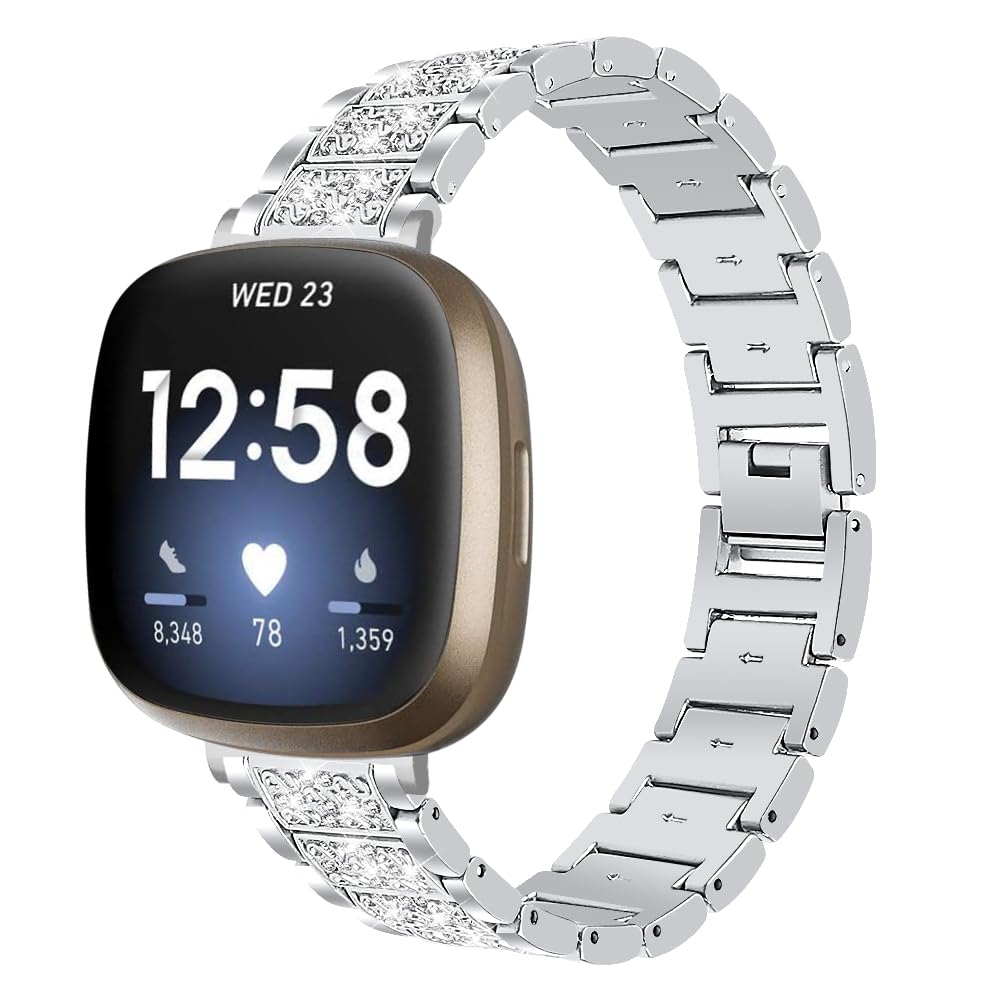 Gimuk Straps Compatible with Fitbit Versa 4/Sense 2/Versa 3/Sense Strap for Women Men, Metal Bling Diamonds Stainless Steel Wristband Replacement Strap Band Bracelet for Fitbit Versa 4
