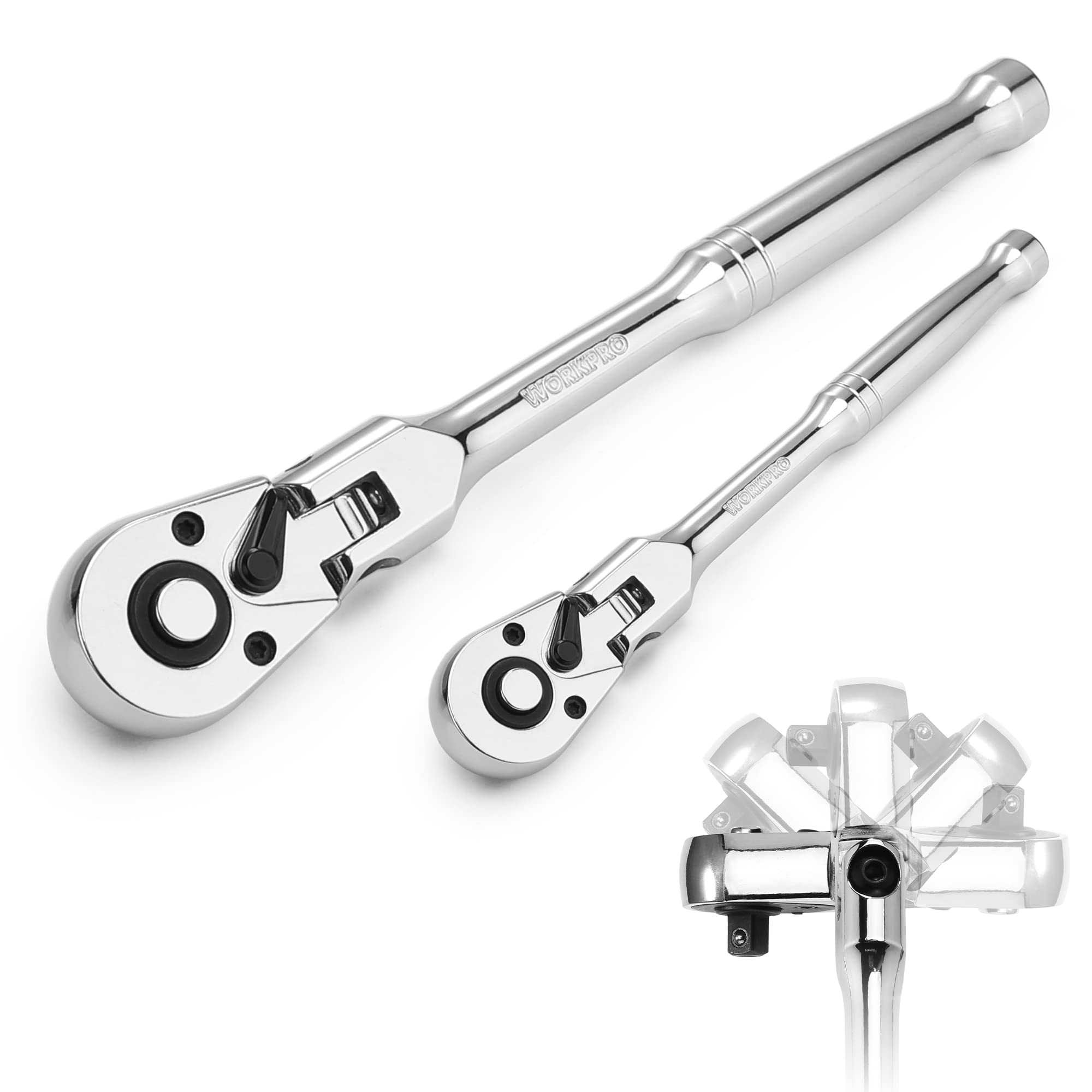 Photo 1 of *******************Missing smaller ratchet head**************
WORKPRO 2-Piece Flex Head Ratchet Set, 1/4", 3/8" Drive, 72-Tooth Ratchet with Chromium Plating Quick Release Reversible Design, 5 Degree Swing
