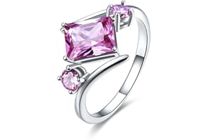 Lozeux Silver Plated Emerald Cut Created Morganite Amethyst Cubic Zirconia Filled Engagement Wedding Proposal Promise Ring Band for Women Ladies Lover Jewelry