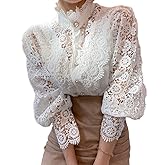 Women’s Elegant Lace Trim Shirts Casual Victorian Blouse Long Sleeve Button Down Tops