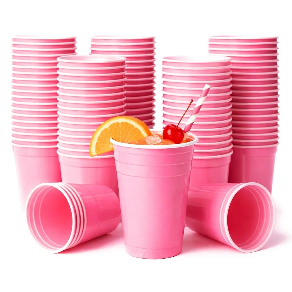 50 Pink Plastic Party Cups | Pack of 50 16oz Disposable Drinking Cups | New Years | Valentines | Hen Night | Birthday | Baby Shower | American Ping Pong Party Cups