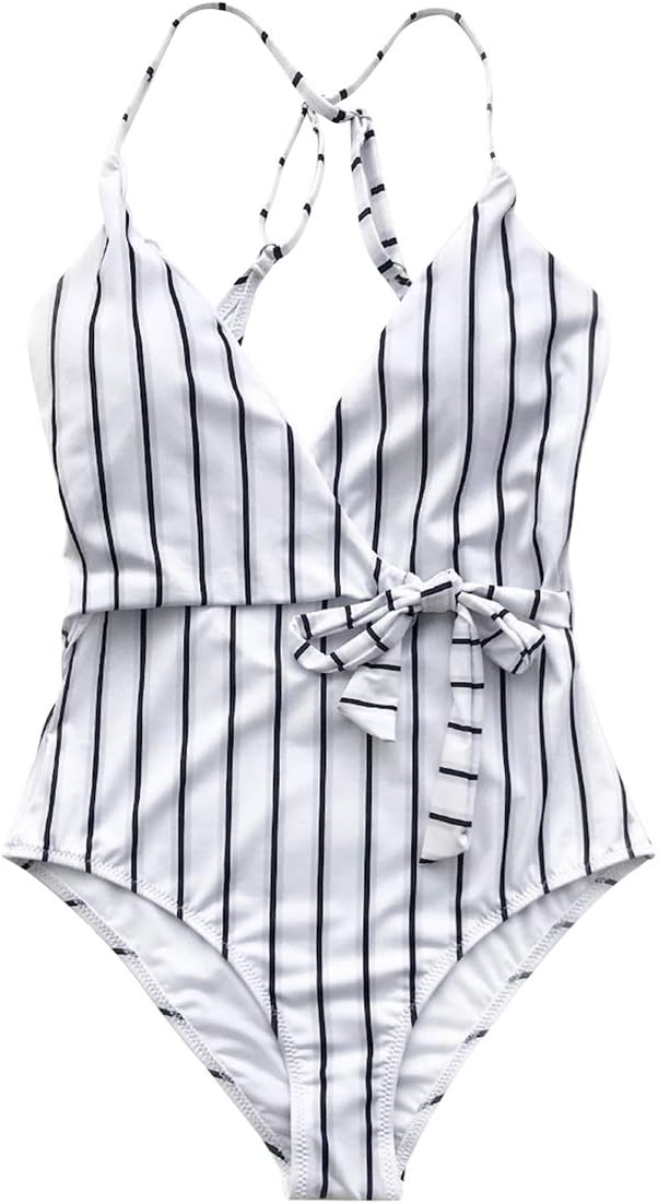 BUTTZO Fashion Stripe One-Piece Swimsuit Beach Swimwear Bathing Suit (Small) White