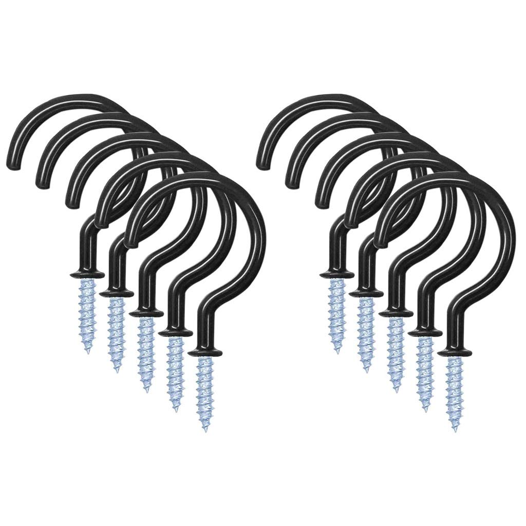 Ceiling Hooks 10 Pieces, Heavy Duty Screw Cup Hook, Screw-in Eye Hooks, Steel Plastic Coated, Black, Hook Length: 51mm, Screw Length: 22mm