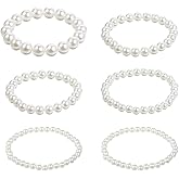 ZEYIYER 6 PCS White Pearl Bracelets, Elastic Faux Pearl Bracelet Stretch, Stackable Fake Pearls Bead Bracelets Bridesmaid for Women Daily Wear Bridal Wedding Party Gift (10/8/6/5 mm Pearl)