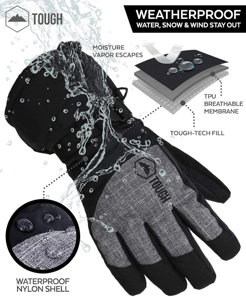 Ski & Snow Gloves - Waterproof & Windproof Winter Snowboard Gloves for Men & Women for Cold Weather Skiing & Snowboarding - With Wrist Leashes, Nylon Shell, Thermal Insulation & Synthetic Leather Palm : Clothing