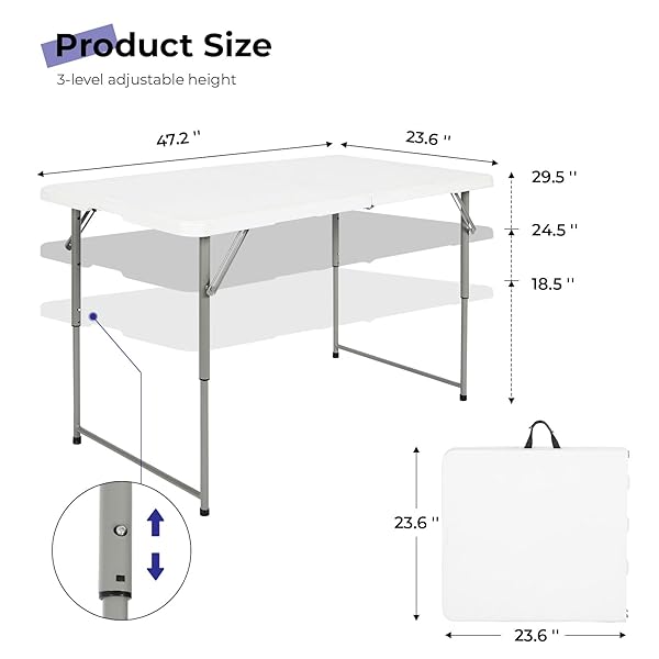 BYLIABLE FOLDING TABLE 4 FOOT PORTABLE HEAVY DUTY PLASTIC FOLD-IN-HALF UTILITY TABLE SMALL INDOOR OUTDOOR ADJUSTABLE HEIGHT FOLDING WITH CARRYING HANDLE, CAMPING AND PARTY,WHITE
