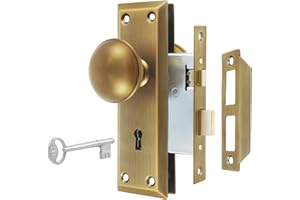 Newliplace Mortise Lock Set for Interior Door, Vintage Antique Brass Door Knobs with Lock and Skeleton Key, Replacing Old Style Doors