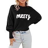 Arssm Womens Merry Christmas Sweaters Long Batwing Sleeve Xmas Knitted Top Funny Holiday Graphic Pullover Sweater