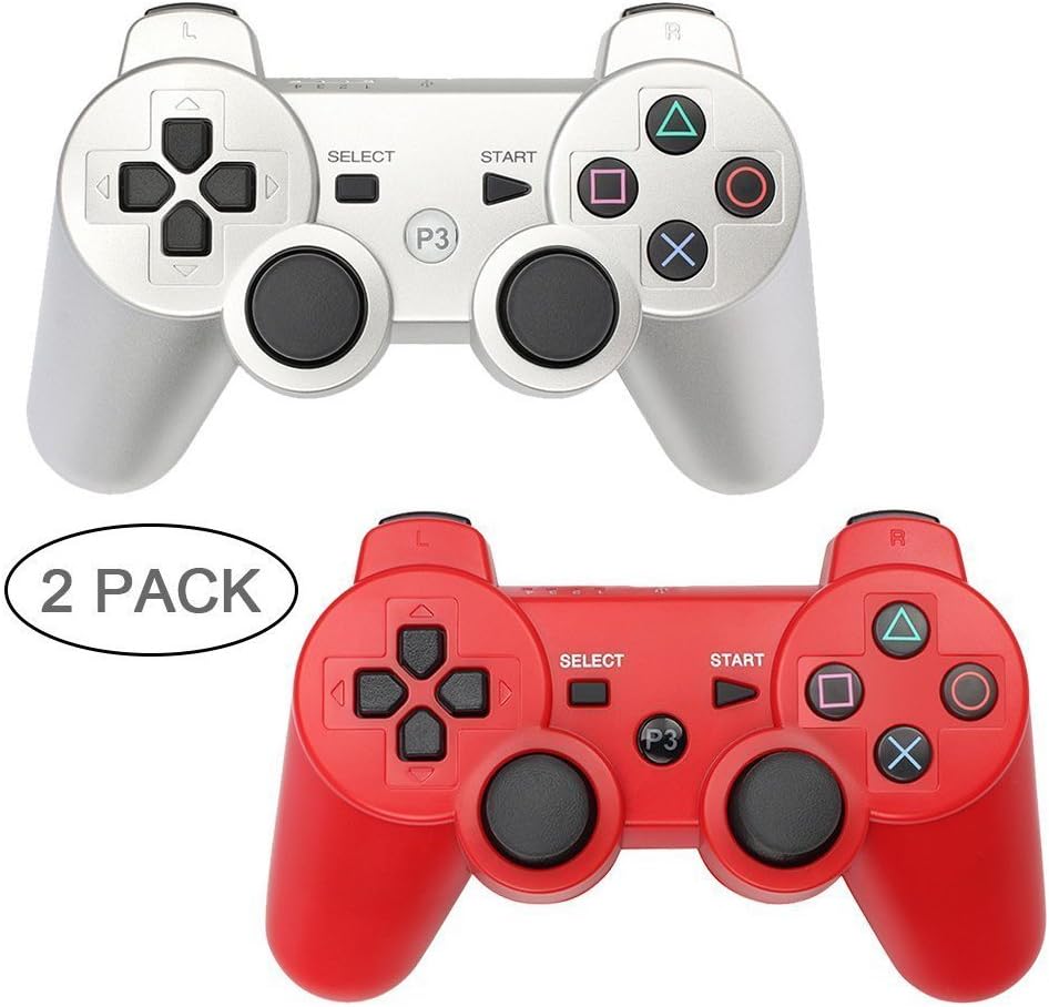 PS3 Controller 2 Pack Wireless Bluetooth 6-Axis Gamepad Controllers for PlayStation 3 Dualshock 3 (Silver+Red)