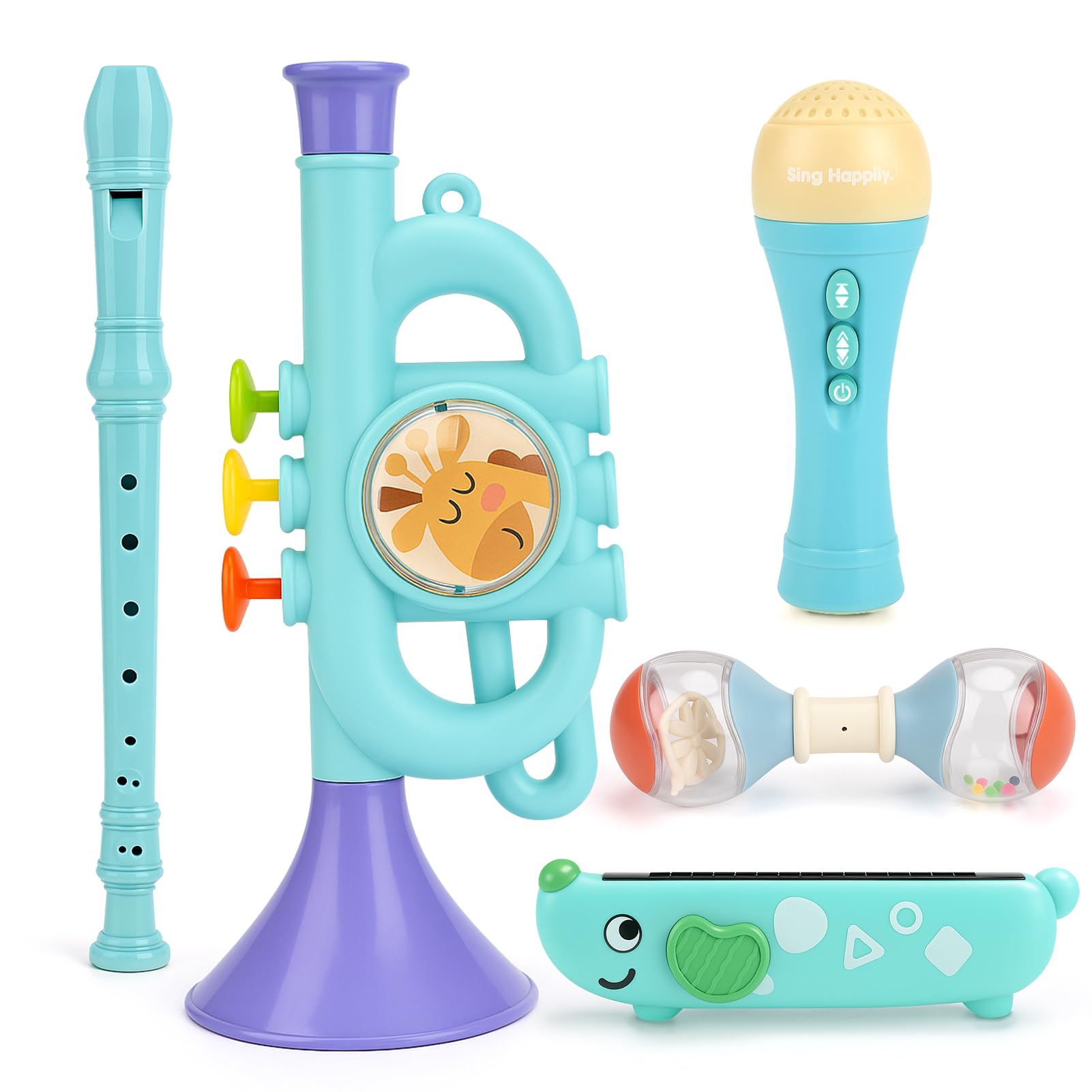 Photo 1 of Musical Toys for 2 3 Year Old Boy Girl Birthday Gifts, 5 in 1 Montessori Musical Instruments for Toddlers 2-4 with Trumpet/Microphone/Flute/Harmonica, Preschool Learning Toys for Baby 18+ Months
