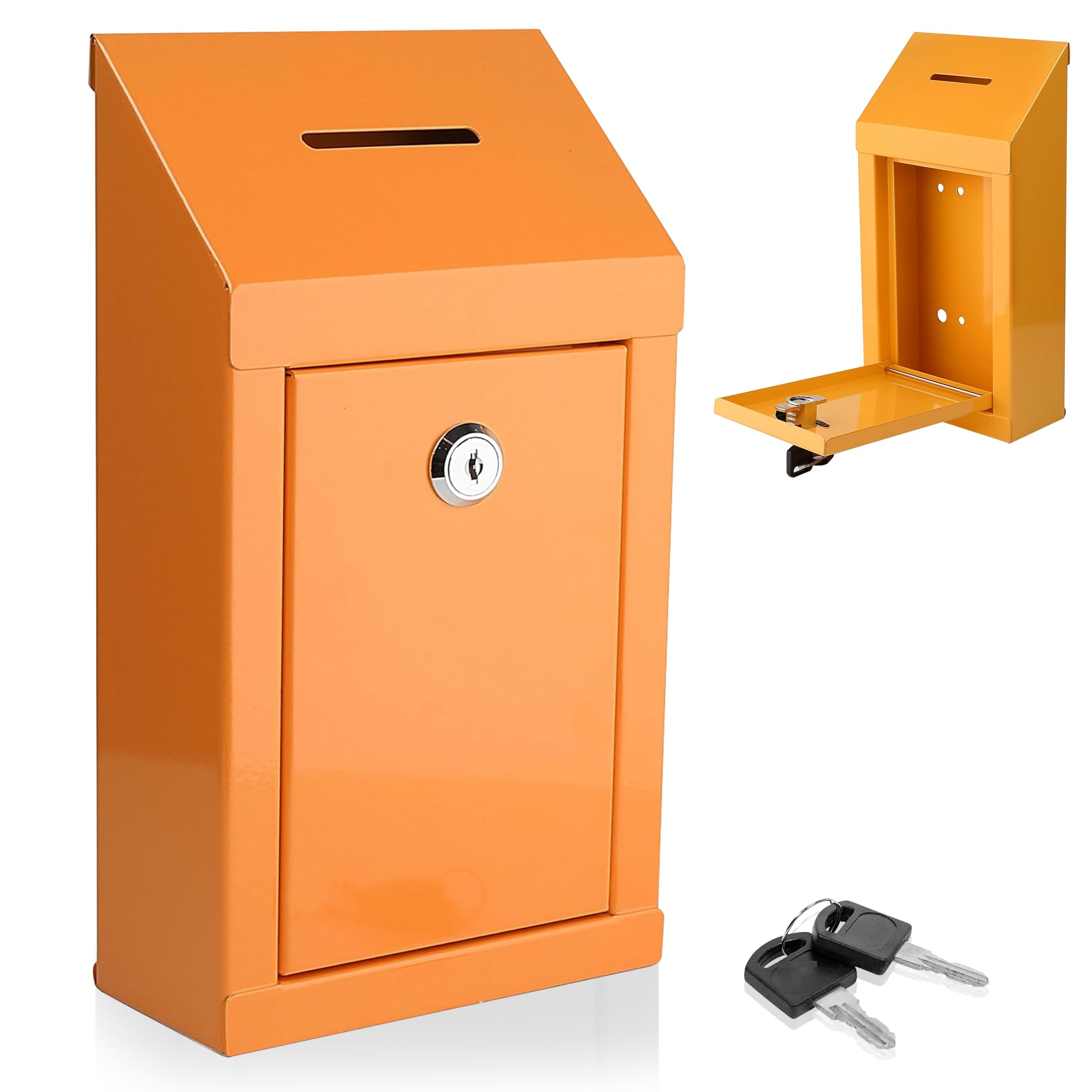 Metal Charity Donation Box Steel Collection Box with Suggestion Slot and Lock Includes Keys Wall Mounted with Pre-Drilled Holes 10" x 6" x 2.5" (Orange) — image 1