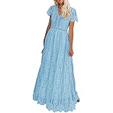 MEROKEETY Women's 2026 V Neck Short Sleeve Floral Lace Wedding Dress A Line Boho Bridesmaid Cocktail Party Maxi Dress