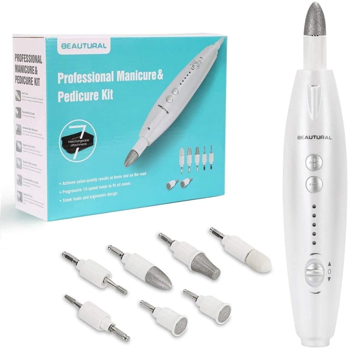 BEAUTURAL Professional Electric Manicure and Pedicure Kit, Nail File Drill, Powerful 13-Speed Nail Drill and 7 Attachment for Salon-Quality Care of Hands and Feet at Home