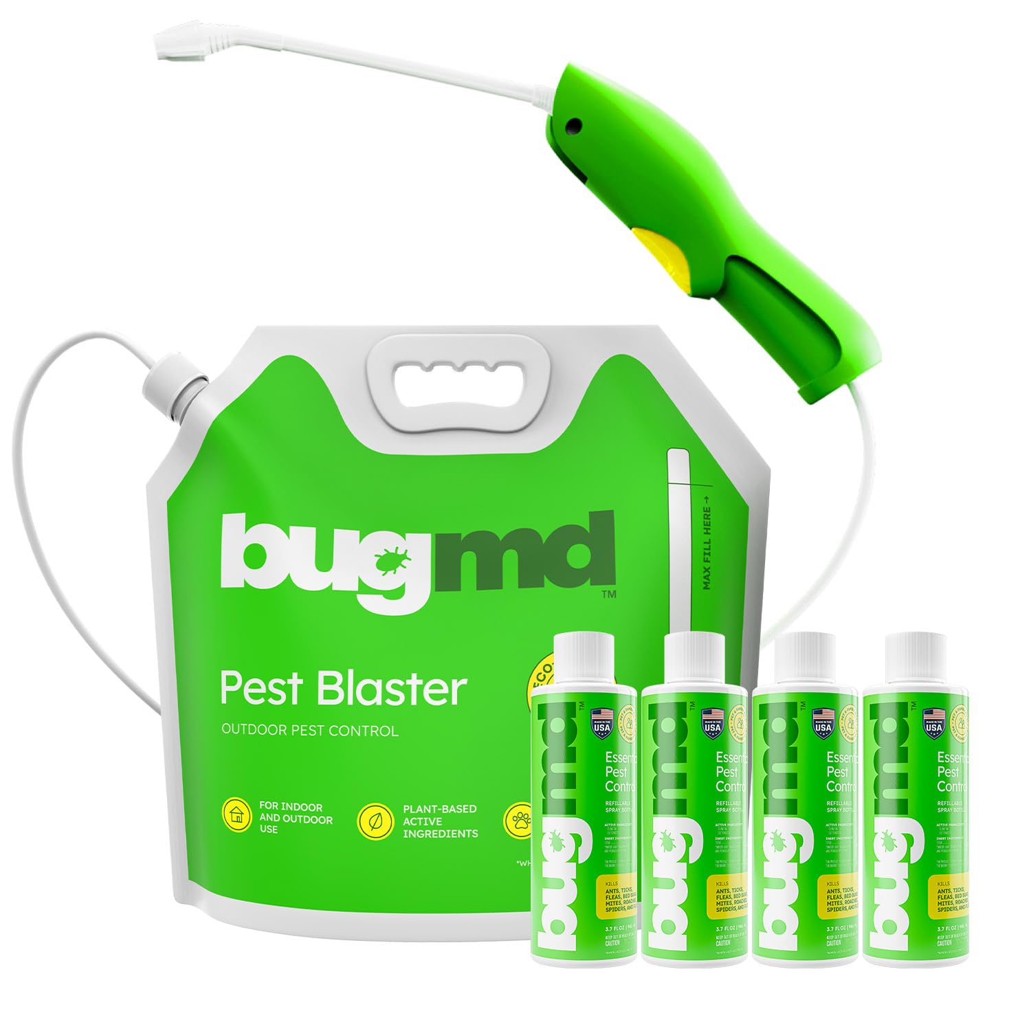 Photo 1 of BugMD Blaster Kit - 4 Pack Pest Control Essential Oil Concentrates 3.7 oz and 1 Pest Blaster - Plant-Powered Bug Spray for Home, Insect Killer, Ant Killer for House, Roach, Flea Spray for Home