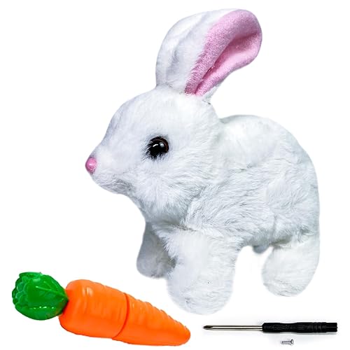 LYINUR Interactive Rabbit Toy with Carrot, Easter Bunny Toy Pet Hopping Plushie, Realistic Walking and Talking Jumping Rabbit Toys, Cute Funny Plush Stuffed Bunny Pal for Birthday, White