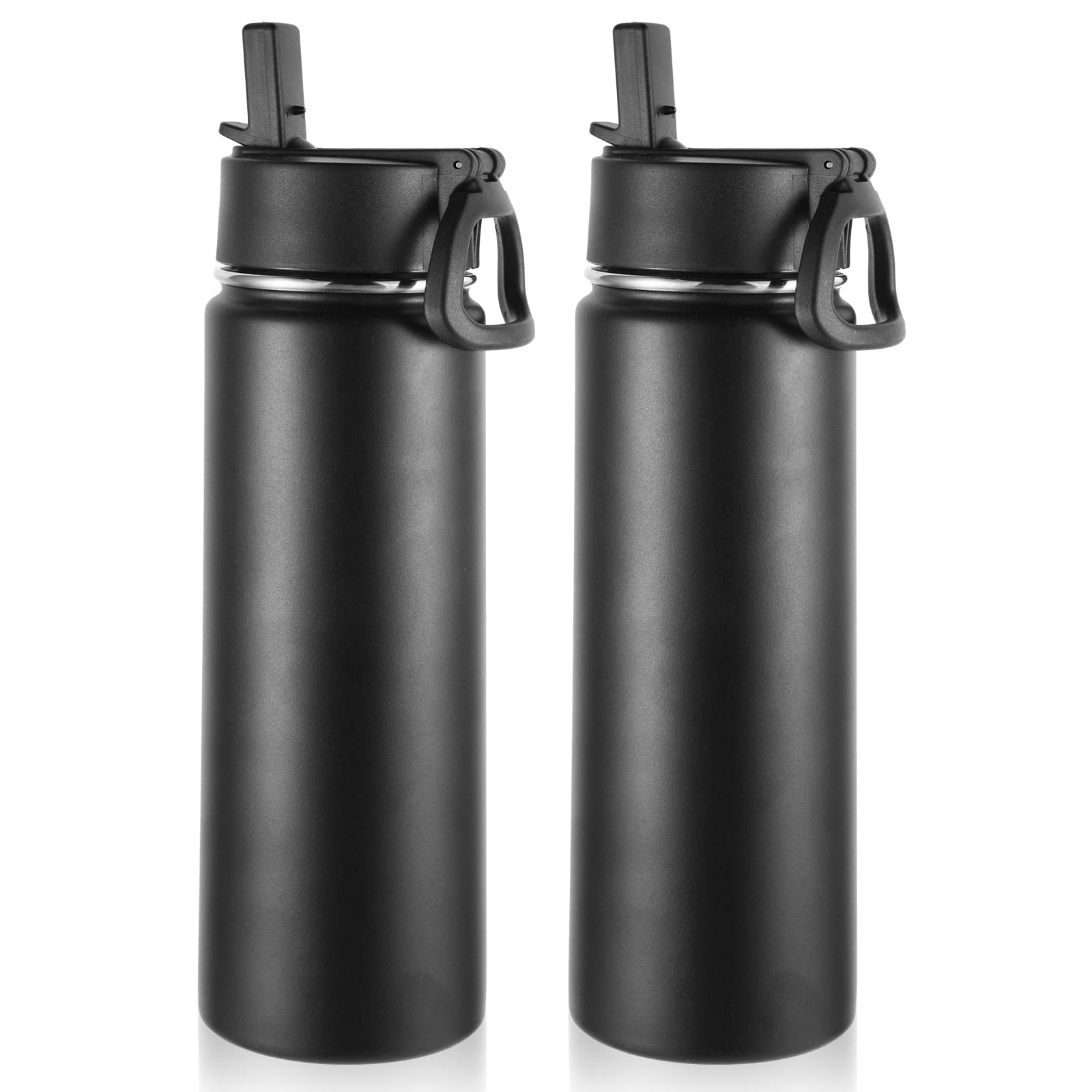 Volhoply Insulated Water Bottles with Straw Bulk 2 Pack, 660ml Stainless Steel Sports Bottle with Handle Lid, Metal Travel Water Tumbler with Wide Mouth,Reusable Water Flask for School(Black,2 Set)