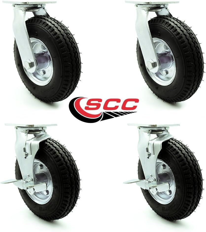 8" Pneumatic Caster Set of 4-2 Swivel with Brakes/2 Swivel - Black Rubber Wheel - 1,200 lbs. Capacity - Service Caster Brand
