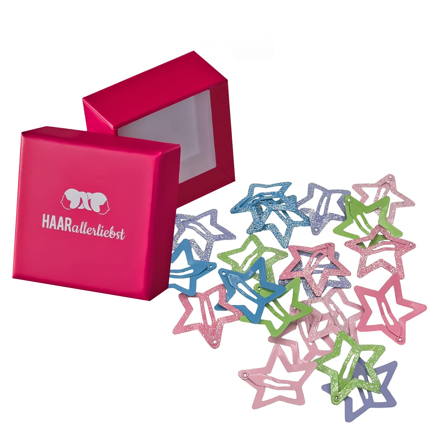 HAARallerliebst Small Stars Hair Clips (Pack of 20) Colourful Glitter 3 cm for Girls with Box for Storage