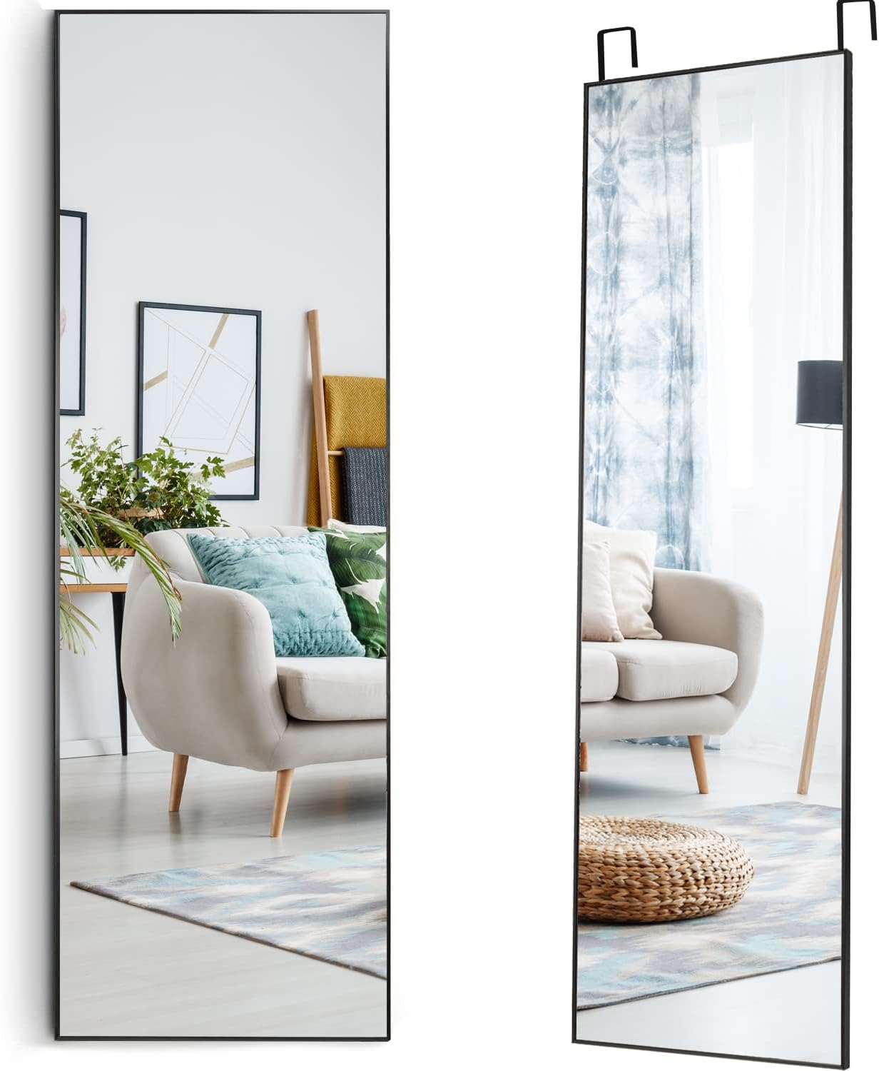 Mirrors - Mirrotek - Full Length Adjustable Over The Door Mirror Black Aluminum Finish - Hanging Instant Install Long Full Body Mirror for Bedroom, Dorm Room