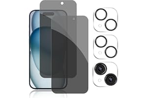Pehael [2+2 Pack] iPhone 15 Privacy Screen Protector with Camera Lens Protector Full Coverage Anti-Spy Tempered Glass Film 9H Hardness Upgrade Edge Protection Easy Installation Bubble Free Specially
