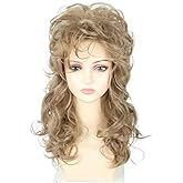 Lucoacos Golden Brown Long Curly 80s Rocker Wig for Women Halloween Party Costume Wig