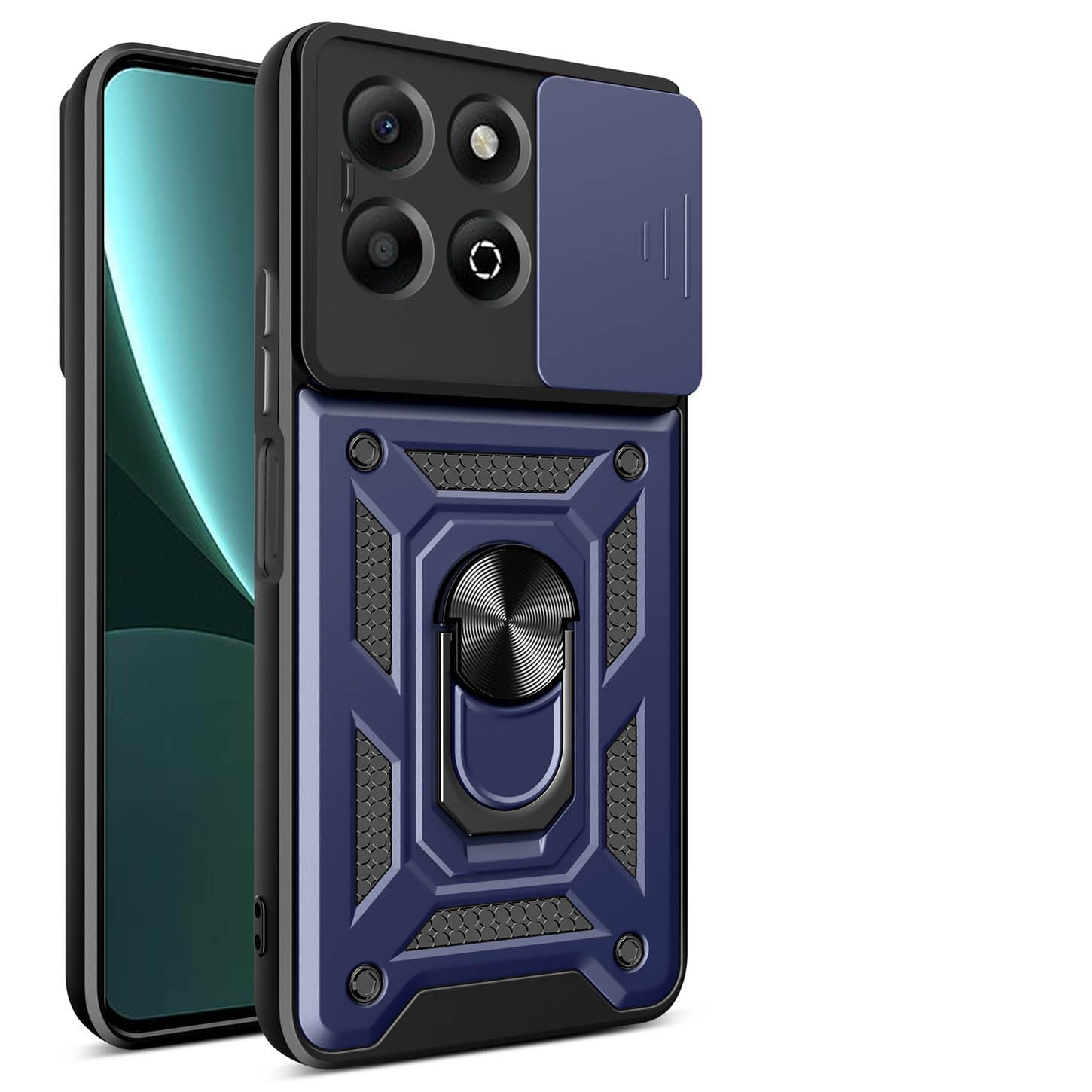 ILING Case for HONOR X6b, Ultra-thin Matte Texture Hard PC + Soft Silicone TPU Bumper Shockproof Heavy Duty Cover, with Ring Kickstand and Slide Camera Cover (Blue)