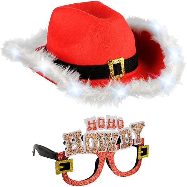 Chapeau De Noël Cowboy Santa - Rouge à Bord Incurvé Et Fourrure Blanche, Sangle Menton, Pour Fêtes Et Cosplay
