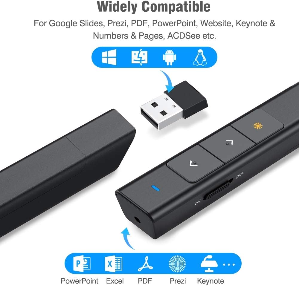 DinoFire Presentation Clicker 100FT Wireless Presenter Remote PowerPoint Clicker Presentation Remote, RF 2.4GHz USB Presentation Pointer PPT Clicker for Mac, Keynote, Laptop, Computer, Google Slides : Electronics