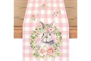 XGXHZYLC Buffalo Plaid Bunny Rabbit Wreath Flower Easter Table Runner, Spring Summer Seasonal Holiday Kitchen Dining Table, Farmhouse Holiday Decor for Indoor Outdoor Dining Table Decoration 13 x 72 Inches