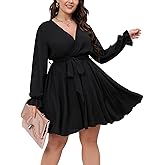 SCOMCHIC Women's Plus Size Long Sleeve Wrap V Neck Tie Waist A Line Mini Dress