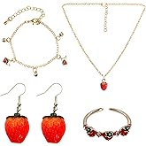 Voiiake Strawberry Costume Jewelry Set for Women - Cute Strawberry Accessories - Necklace, Earrings, Ring & Chain Bracelet for Halloween Party, Cosplay, Halloween Costumes