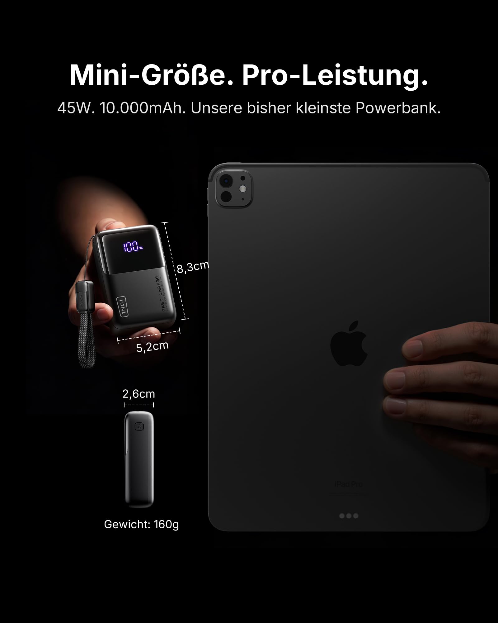 INIU Ultra Mini Powerbank, 10000mAh 45W Schnellladen mit USB C Kabel 2