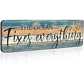 Coastal Decor Wood Plaque Sign Beach Themed Wall Decor - The Ocean Fixes Everything Decorative Nautical Hanging Wall Decor Sign 16x5 Inches