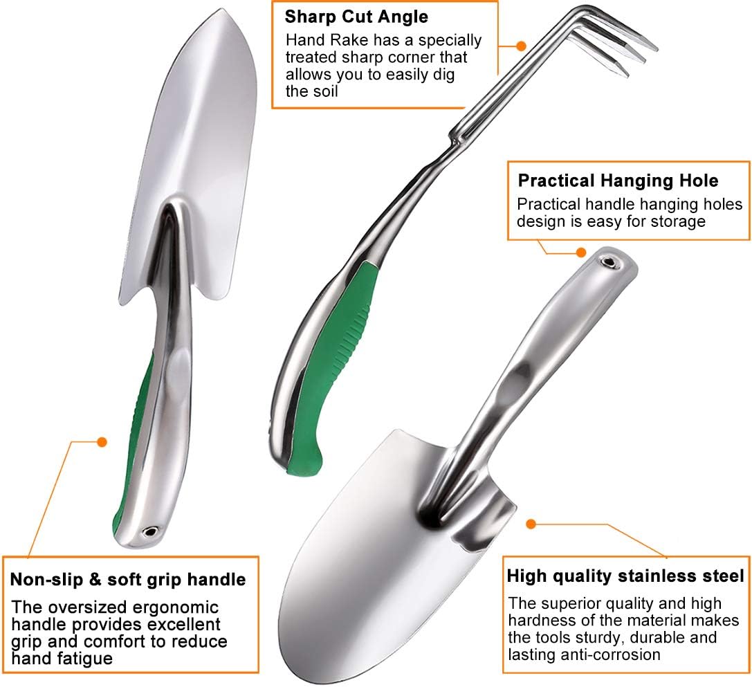 HOMY Garden Tool Set, Stainless Steel Heavy Duty Gardening Kit with Soft Rubberized Non-Slip Ergonomic Handle, 3 Piece Includes Hand Trowel, Transplant Trowel and Cultivator, Gardening Supplies Gifts : Garden & Outdoor